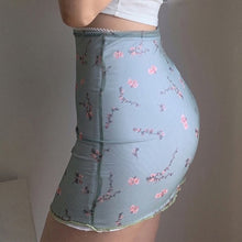 Load image into Gallery viewer, Pink Flower Floral Print Mesh High Waist Green Mini Skirt Women Lace Up Vintage Y2k Harajuku Kawaii Sexy Blue Pencil Skirt 2021
