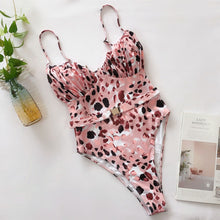 Load image into Gallery viewer, Pink Print Brazilian High Thong Bodysuits One-Piece Swimwear Women V-Neck Swimsuit Female Sexy Monokini Belt Bathers 5424