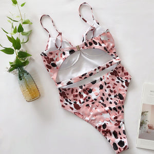Pink Print Brazilian High Thong Bodysuits One-Piece Swimwear Women V-Neck Swimsuit Female Sexy Monokini Belt Bathers 5424