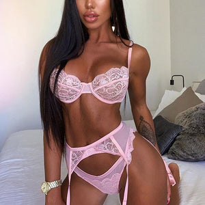 Pink Sexy Bra and Panty Set for Women Girl Lingerie Porno Intimate Clothes Push Up Lady Lace Bra Set Lolita Women Underwear 3pcs