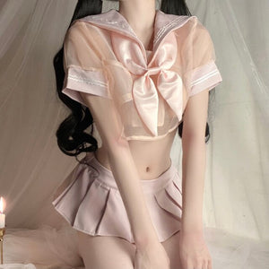 Pink Student Uniform Lolita Top Pleated Skirt Sexy Sailor Cosplay Costume Kawaii Shirt Miniskirt Panty Erotic Roleplay