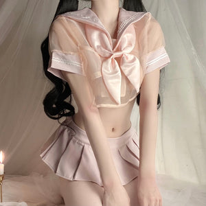Pink Student Uniform Lolita Top Pleated Skirt Sexy Sailor Cosplay Costume Kawaii Shirt Miniskirt Panty Erotic Roleplay
