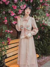 Load image into Gallery viewer, Pink Vestido Sweet Stand-up Collar Design Sense Hollow Chiffon Dress Fall Long Sleeved Flower Embroidery Elegant Romantic Dress