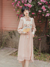 Load image into Gallery viewer, Pink Vestido Sweet Stand-up Collar Design Sense Hollow Chiffon Dress Fall Long Sleeved Flower Embroidery Elegant Romantic Dress