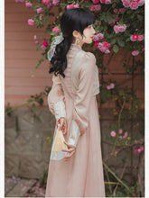 Load image into Gallery viewer, Pink Vestido Sweet Stand-up Collar Design Sense Hollow Chiffon Dress Fall Long Sleeved Flower Embroidery Elegant Romantic Dress