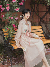 Load image into Gallery viewer, Pink Vestido Sweet Stand-up Collar Design Sense Hollow Chiffon Dress Fall Long Sleeved Flower Embroidery Elegant Romantic Dress