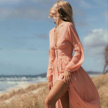 Load image into Gallery viewer, Pink Women Boho Maxi Dress Party Sexy Long Sleeve Button Holiday Bohemian Long Dresses 2021 Spring Summer Casual Streetwear Robe