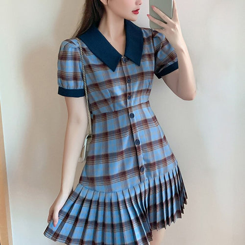 Plaid Elegant Dress Summer Women Short Sleeve High Waist Vintage Dresses Female Korean Fashion Lady Clothes Vestido De Mujer New
