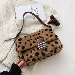Plaid Leopard Pattern Faux Fur Shoulder Bags for Women 2021 Winter Brand Designer Soft Plush Handbags Female Crossbody Purses