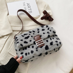 Plaid Leopard Pattern Faux Fur Shoulder Bags for Women 2021 Winter Brand Designer Soft Plush Handbags Female Crossbody Purses