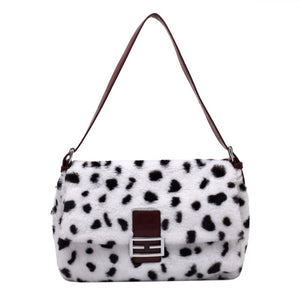 Plaid Leopard Pattern Faux Fur Shoulder Bags for Women 2021 Winter Brand Designer Soft Plush Handbags Female Crossbody Purses