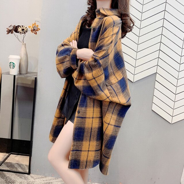 Plaid Vintage Shirt Harajuku Women's Blouses Turn-Down Collar 2021 New Loose Long-Sleeved All Match Shirt Western Style Top Coat