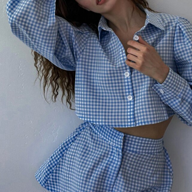 Plaid Y2K Women Shorts Set Puff Sleeve Crop Shirt and Wide Leg Shorts Two Pieces Set Women's Suit Summer Loungewear 2021