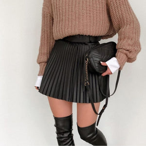 Pleated Faux Leather High-waiste Women's Mini Skirt Sexy Black Female Short Skirt 2021 New Spring Summer Fashion Ladies Bottoms