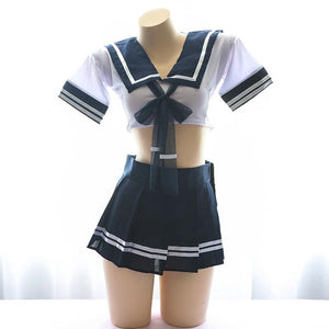 Plus Size 3XL Blue Navy School Girl Prep Fantasy Costume Crop Top with Mini Skirt Uniform Lingerie Set Role Play Outfit