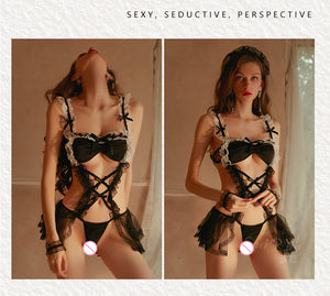 Plus Size 40-100kg Cosplay Maid Costume Women Sexy Lingerie Babydoll EroticTeddies Lace Mesh Porno Open Crotch Bodysuits Set