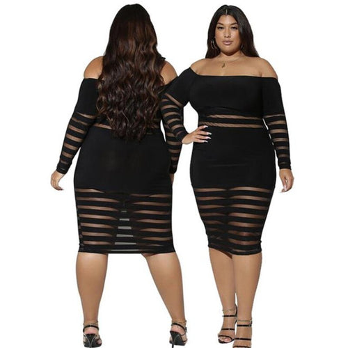 Plus Size 5 XL Women Long Sleeve Dresses Transparent Mesh Dress Slash Neck Off Shoulder Black Bodycon Dress High Quality