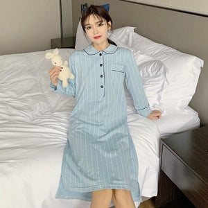Plus Size Casual Striped Long Sleeve Cotton Nightgowns for Women Spring Autumn Sleepwear Homewear Night Dress Nightdress Nighty