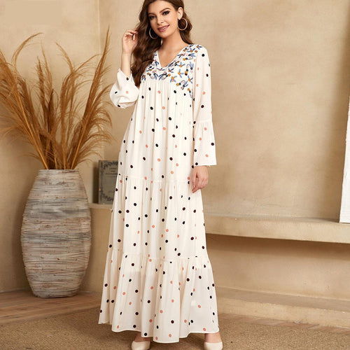 Plus Size Female V-neck Long-sleeved Fashion Polka Dot Printing Stitching Multi-layer Folds Muslim Big Swing Dress Arab Clothing