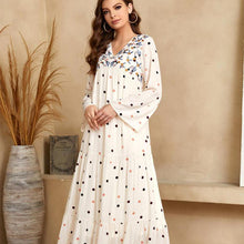 Load image into Gallery viewer, Plus Size Female V-neck Long-sleeved Fashion Polka Dot Printing Stitching Multi-layer Folds Muslim Big Swing Dress Arab Clothing