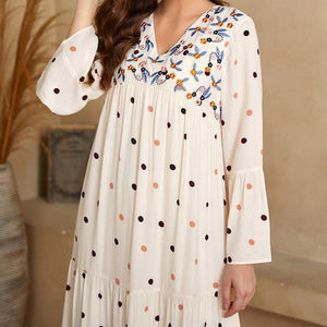 Plus Size Female V-neck Long-sleeved Fashion Polka Dot Printing Stitching Multi-layer Folds Muslim Big Swing Dress Arab Clothing