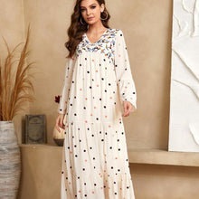 Load image into Gallery viewer, Plus Size Female V-neck Long-sleeved Fashion Polka Dot Printing Stitching Multi-layer Folds Muslim Big Swing Dress Arab Clothing