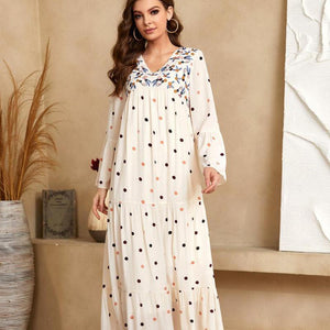 Plus Size Female V-neck Long-sleeved Fashion Polka Dot Printing Stitching Multi-layer Folds Muslim Big Swing Dress Arab Clothing