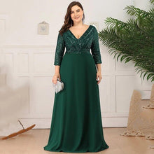 Load image into Gallery viewer, Plus Size Prom Dresses Long Sexy V Neck A-Line Sequin With 3/4 Sleeve 2023 ever pretty of Dark Green Bridesmaid dress Women