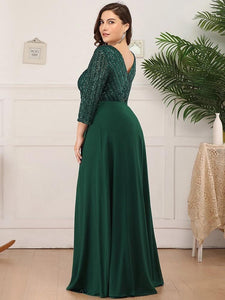 Plus Size Prom Dresses Long Sexy V Neck A-Line Sequin With 3/4 Sleeve 2023 ever pretty of Dark Green Bridesmaid dress Women
