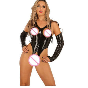 Plus Size S-XXL Wetlook PVC Teddy Lingerie Women&#39;s Underwear Sexy Black Vinyl Leather Openbust Night Club Wear With Gloves