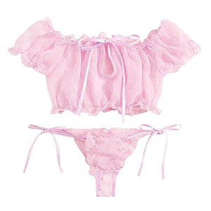 Plus Size Sexy Lingerie Women Sex Lace Bowknot Off-Shouder Tops Underwear Set Transparent Lenceria Sensual Mujer Exotic Costumes