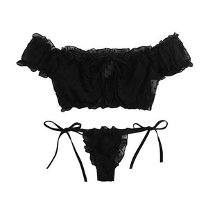 Plus Size Sexy Lingerie Women Sex Lace Bowknot Off-Shouder Tops Underwear Set Transparent Lenceria Sensual Mujer Exotic Costumes