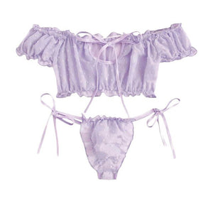 Plus Size Sexy Lingerie Women Sex Lace Bowknot Off-Shouder Tops Underwear Set Transparent Lenceria Sensual Mujer Exotic Costumes