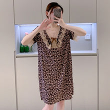 Load image into Gallery viewer, Plus Size Short Sleeve Sexy Lace V-neck Silk Satin Print Nightgowns for Women Hot Summer Sleepwear Nightdress Night Dress Nighty