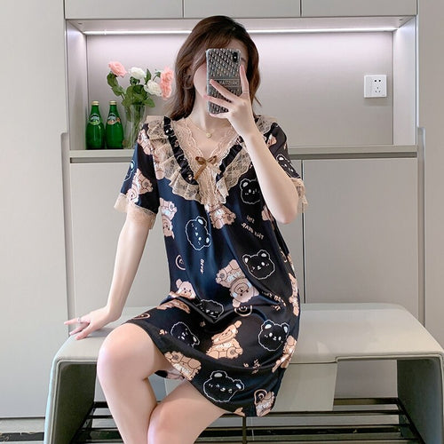 Plus Size Short Sleeve Sexy Lace V-neck Silk Satin Print Nightgowns for Women Hot Summer Sleepwear Nightdress Night Dress Nighty