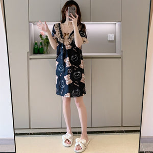 Plus Size Short Sleeve Sexy Lace V-neck Silk Satin Print Nightgowns for Women Hot Summer Sleepwear Nightdress Night Dress Nighty