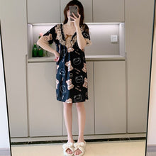 Load image into Gallery viewer, Plus Size Short Sleeve Sexy Lace V-neck Silk Satin Print Nightgowns for Women Hot Summer Sleepwear Nightdress Night Dress Nighty