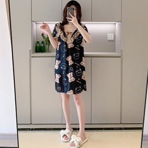 Plus Size Short Sleeve Sexy Lace V-neck Silk Satin Print Nightgowns for Women Hot Summer Sleepwear Nightdress Night Dress Nighty