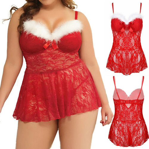 Plus Size Women Christmas Lingerie Dress Sling Underwear Sexy Tulle Lace Underwear Nightgown Sleepwear S-XXL