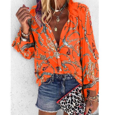 Plus Size Women Clothing Loose Print Shirt Blouse Spring Fall Fashion Long Sleeve V-neck Shirts Top Femme Casual Button Blouses