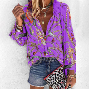 Plus Size Women Clothing Loose Print Shirt Blouse Spring Fall Fashion Long Sleeve V-neck Shirts Top Femme Casual Button Blouses