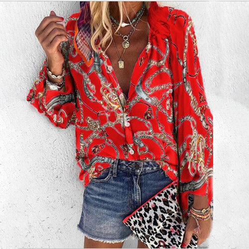 Plus Size Women Clothing Loose Print Shirt Blouse Spring Fall Fashion Long Sleeve V-neck Shirts Top Femme Casual Button Blouses