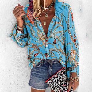 Plus Size Women Clothing Loose Print Shirt Blouse Spring Fall Fashion Long Sleeve V-neck Shirts Top Femme Casual Button Blouses