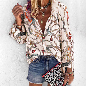 Plus Size Women Clothing Loose Print Shirt Blouse Spring Fall Fashion Long Sleeve V-neck Shirts Top Femme Casual Button Blouses