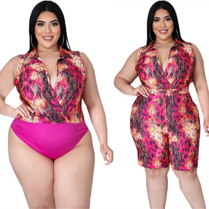 Plus Size Women Clothing Two Piece Set  Fashion Sexy  Print Patchwork Jumpsuit and Shorts Sets Multi Wear Wholesale Dropshipping