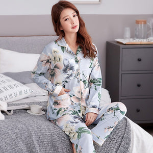 Plus Size Women Sleepwear Pajamas Set Spring Autumn Flower Long Sleeve Soft Cotton Pijama Casual Homewear Female Pyjamas