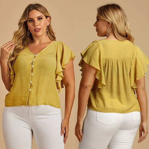 Plus Size Women Summer Fashion Top V Neck Button Up Butterfly Short Sleeve Blouses Femme Yellow XL XXL XXXL 4XL