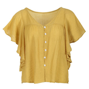 Plus Size Women Summer Fashion Top V Neck Button Up Butterfly Short Sleeve Blouses Femme Yellow XL XXL XXXL 4XL