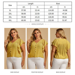 Plus Size Women Summer Fashion Top V Neck Button Up Butterfly Short Sleeve Blouses Femme Yellow XL XXL XXXL 4XL