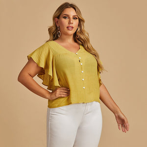 Plus Size Women Summer Fashion Top V Neck Button Up Butterfly Short Sleeve Blouses Femme Yellow XL XXL XXXL 4XL